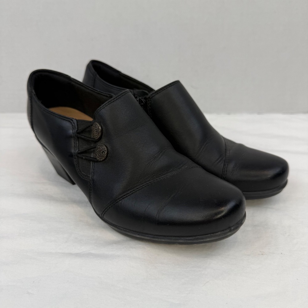 Clarks Collection Black Leather Button Ankle Booties Block Heel 6.5 261284424040
